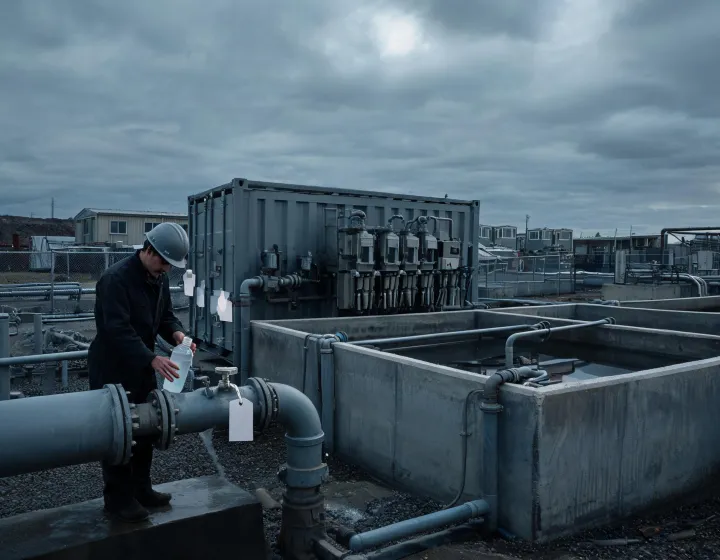 Containerized biological wastewater skid beside equalization tanks at a remote industrial camp